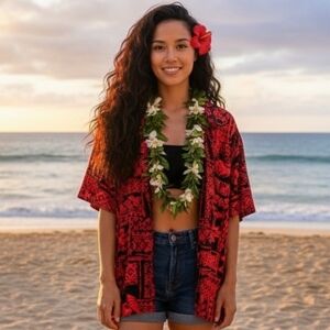 Vtg Panama Jack red flowy hula girl graphic 100% rayon retro Hawaiian shirt XXL